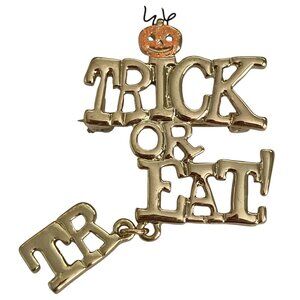 Vintage Trick Or Treat Eat Halloween Pin Brooch Gold Tone Pumpkin Jack O Lantern